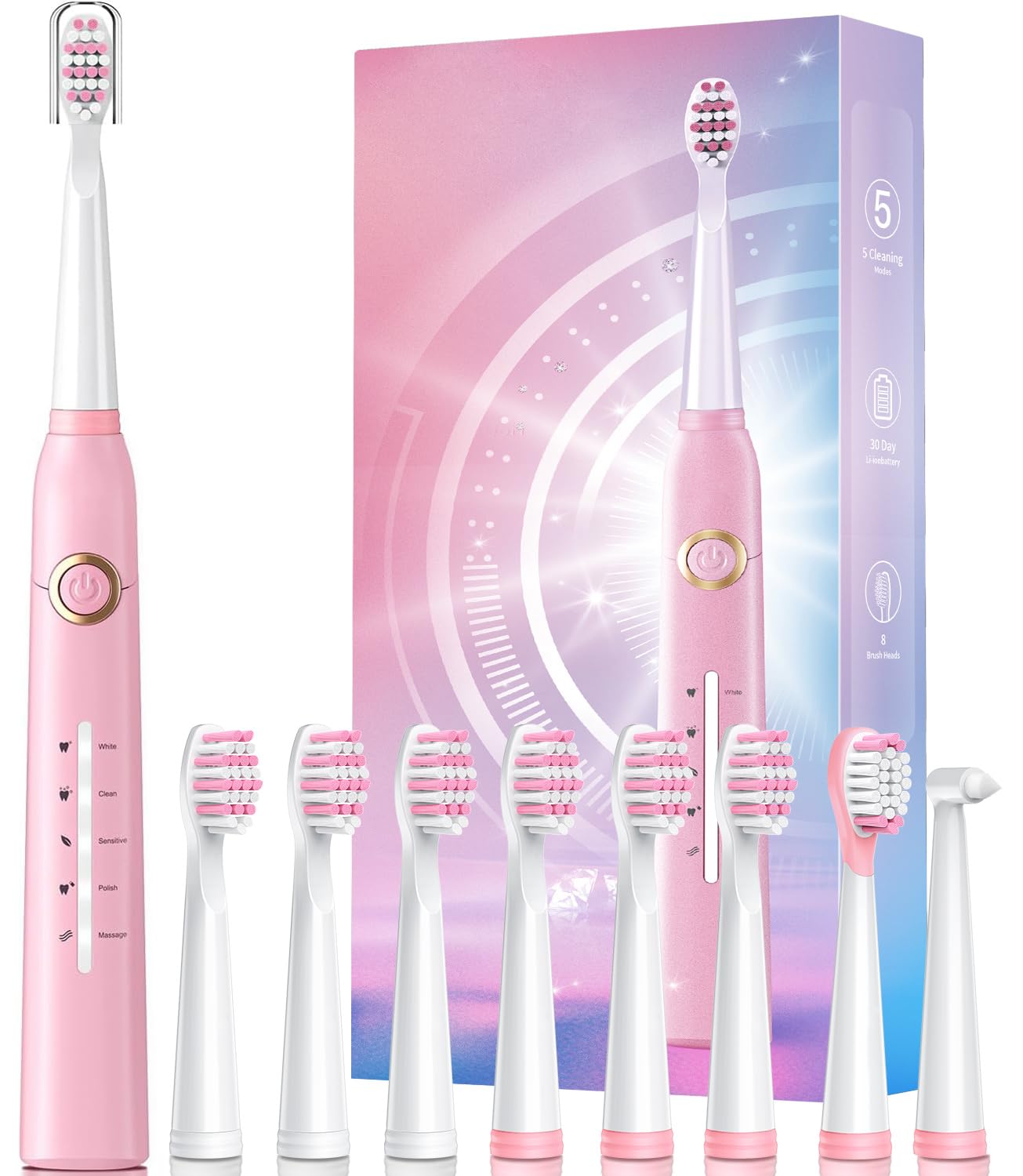 Electric Toothbrush for Adult, Sonic Toothbrushes with 8 Brush Heads 40000 VPM 5 Modes, Sonic Toothbrushes Fast Rechargeable 4 Hours Last 30 Days (P1, Blompink)