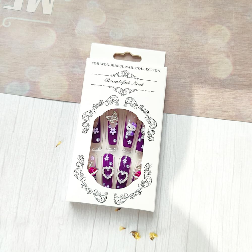 24Pcs Purple Coffin Nails Press on Nails 3D Flowers Pearl Butterfly Nail Charms Design Fake Nails with Glue Purple Acrylic Nails Supply 3D Flowers Full Cover False Nails for Women and Girls - Image 5