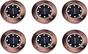 Solar Ground Lights 8 LED Disk Light Solar Powered Outdoor in-Ground Lights for Garden Driveways Lawn Yard Driveway Walkway Pool Patio Deck Pathway,6 Pack,Warm White,Copper/Bronze Finish