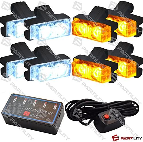 16 LED Emergency Warning Flash Strobe Lights Bar Tow Auto Car Truck Deck Grill (White/Amber)