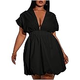 BEAUDRM Women's Plus Size Deep V Neck Mini Bubble Dress Short Sleeve Puffy Party Club Dresses