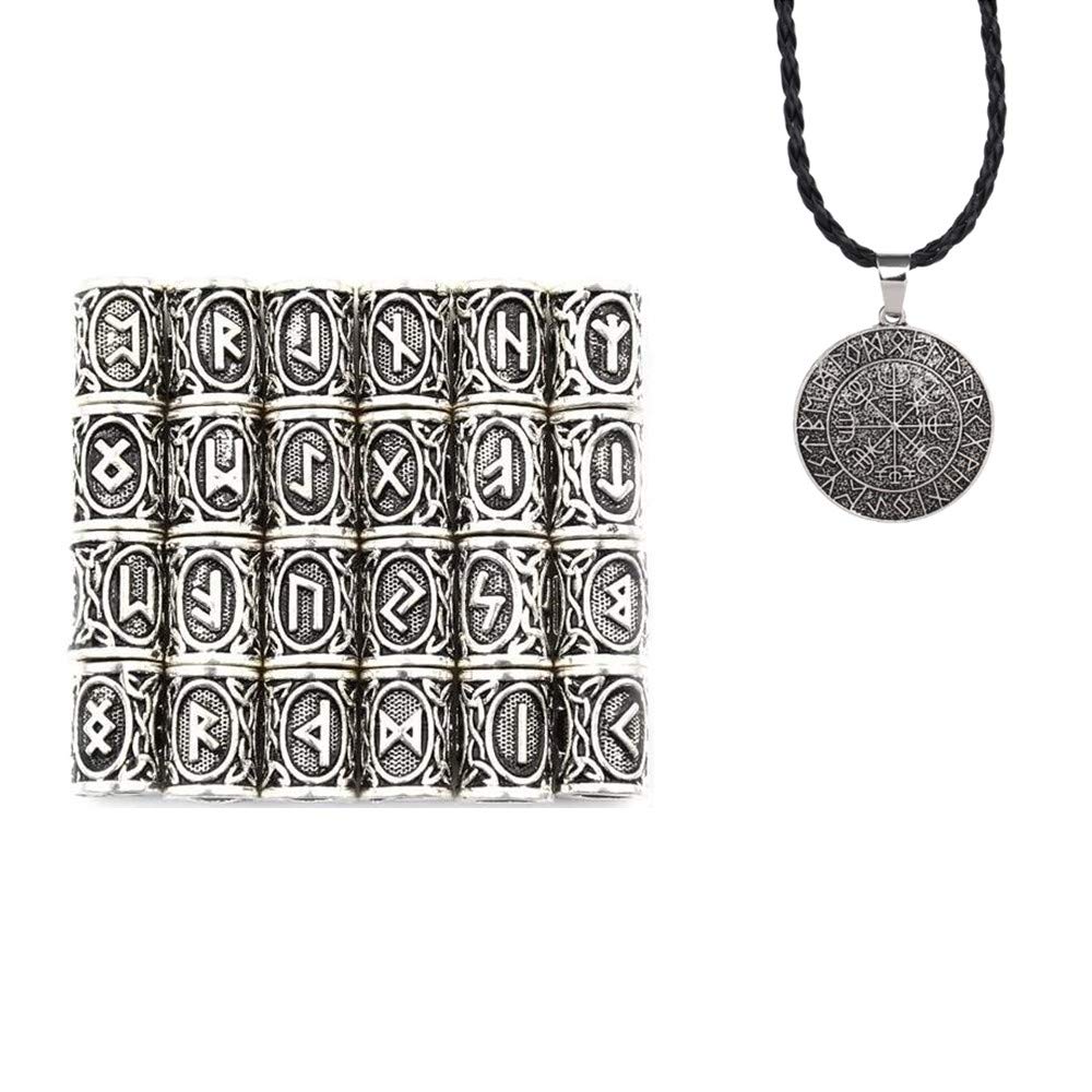 24 Pieces Norse Viking Rune Beads Hair Beard Pendant and Compass Pendant for Bracelet Pendant Necklace Beard Dreadlocks Hair DIY Bracelet Jewelry Pendants (Silver)