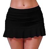 Halcurt Women's Mid Waisted Ruched Ruffle Swim Skirts with Hipster Sexy Bikini Swimsuit Bottoms