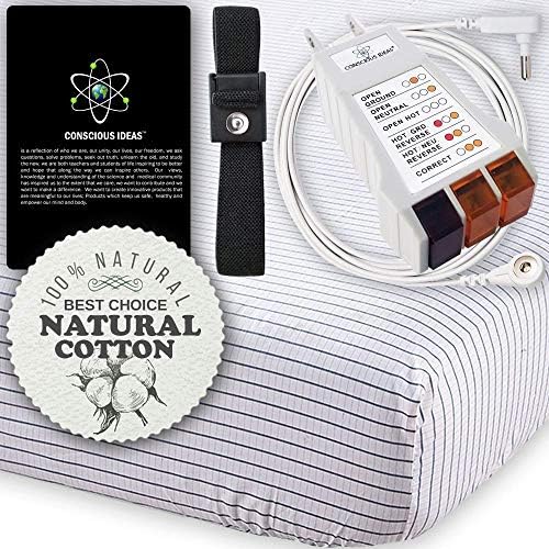 Earthing Grounding Sheet Grounded Fitted Mattress Sheets (white-Grey Strips) Conductive 400TC 95% Natural Cotton 5% Pure Silver Thread Healthy Earth Energy therapy bedding USA Tester Cord (Twin Size)