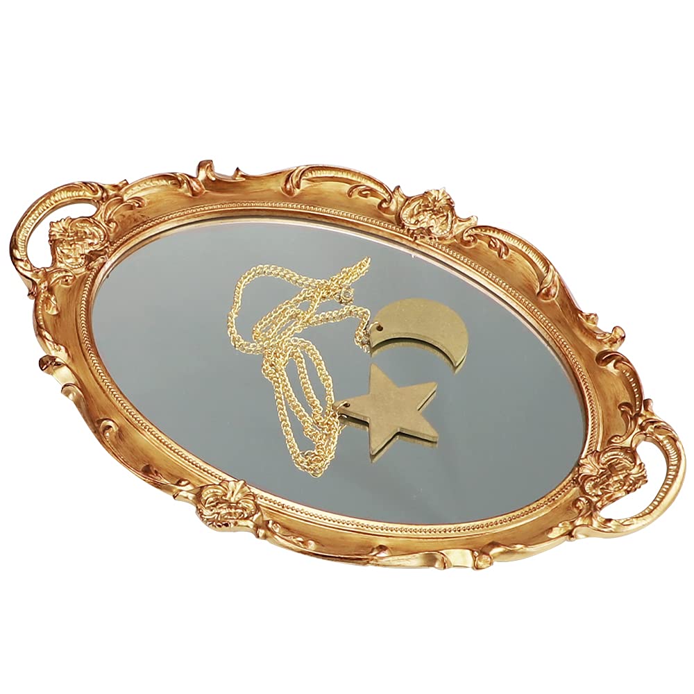 Vintage Antique Jewellery Display, Oval Jewelry Organizer Border Makeup Tray for Vanity, Dresser, Bathroom, Bedroom, Gold