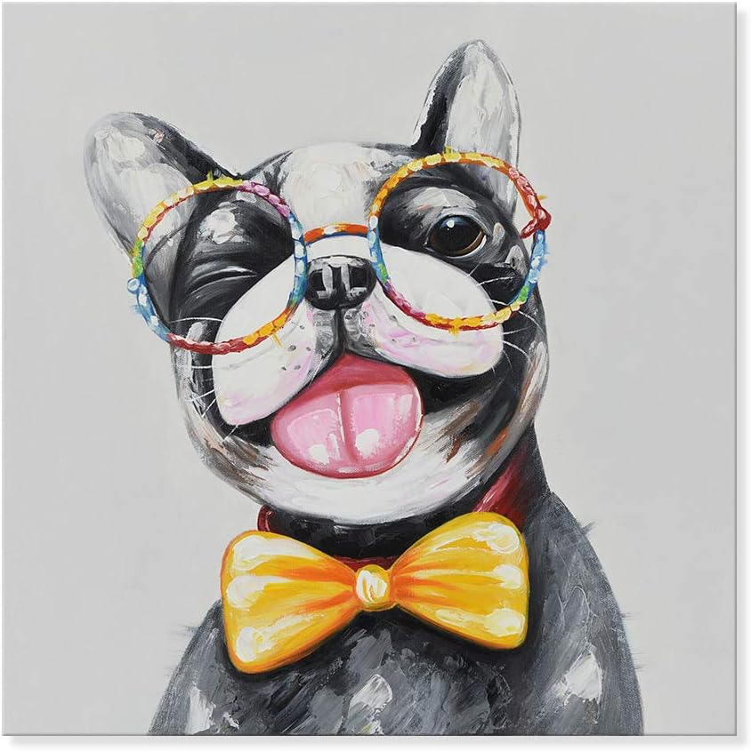 Paintings - SEVEN WALL ARTS Cute Dog Canvas Wall Art Abstract Colorful Animal Dog with Glasses Painting Boston Terrier Puppy Artwork Pictures for Kids Nursery Bedroom Living Room Office Home Decor 24 x 24 Inch