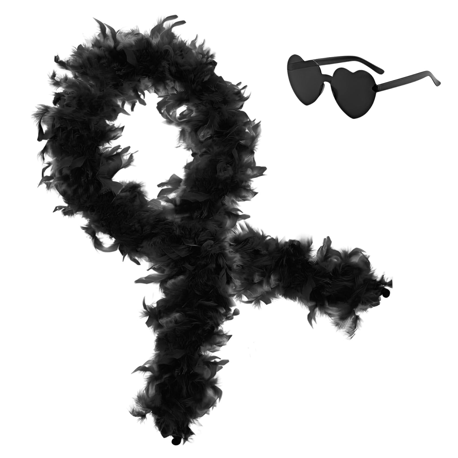 2Pcs Colorful Fancy Dress Feather Boa Set, 6.6ft Feather Boa with Heart Rimless Sunglasses for Women, Artificial Fluffy Boa Decorations wit for Dancing Wedding Party Cosplay Halloween (Black) — image 1