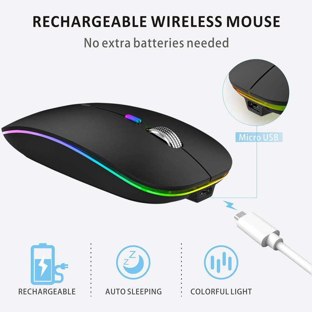 LED Wireless Mouse, Uiosmuph G12 Slim Rechargeable Wireless Silent Mouse, 2.4G Portable USB Optical Wireless Computer Mice with USB Receiver and Type C Adapter (Matte Black): Electronics