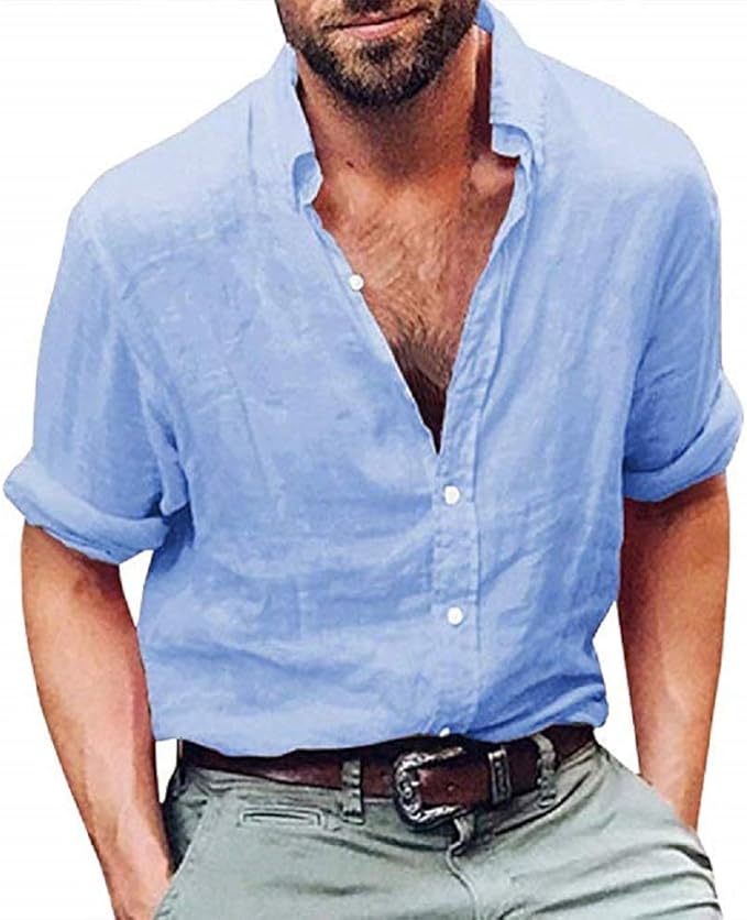 Pretifeel Mens Button Down Shirt Long Sleeve Casual Linen Summer Beach