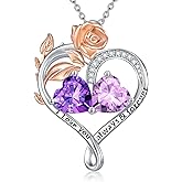 DONGHU Rose Heart Birthstone Necklace Sterling Silver Two Heart Birthstone Necklace for Women 2 Birthstone Heart Pendant Birthday Christmas Valentine's Day Gift for Wife Mom Lady