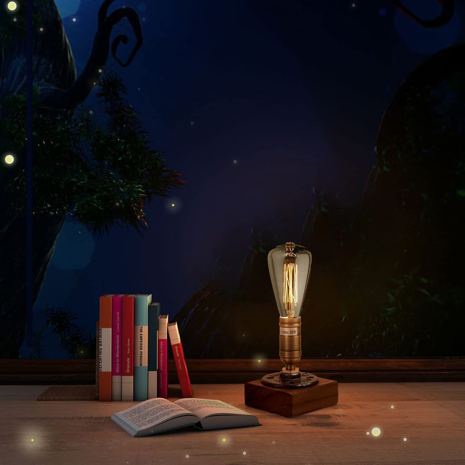 JINYU Vintage Weathered Wood Table Lamp, Wooden Base Retro Industrial Steampunk Iron Pipe Desk Light for Bed, Bedroom Living Room, Dining Room, Cafe Bar, Studio, Hallway, Home Decor, E14 220V, No Bulb