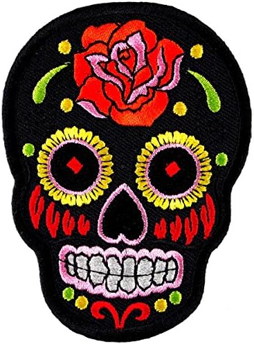 Rose on Black Novelty Candy Skull Embroidered Iron on Patch