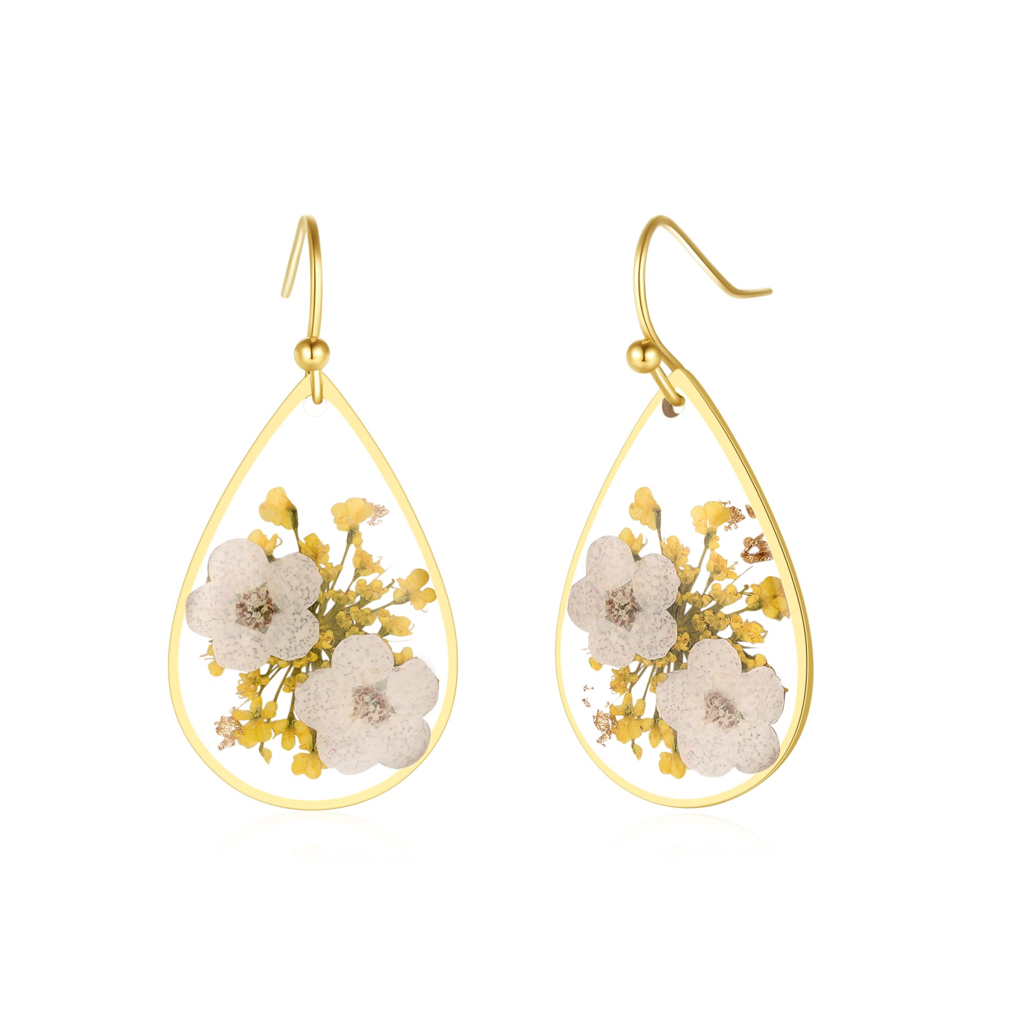 Photo 1 of Daffodil Pressed Flower Teardrop Earrings | Elegant Drop Dangle Earrings for Women & Girls | March Birth Flower Gift