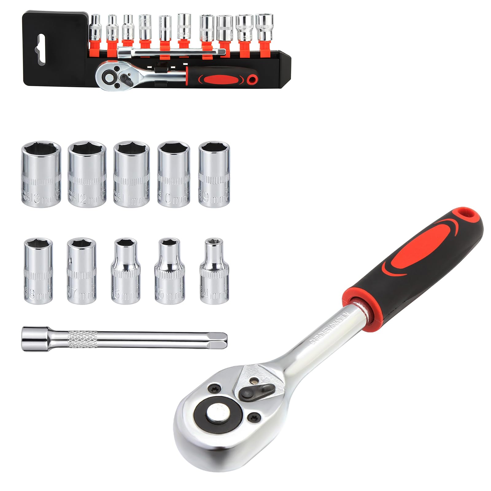 Twilight Garage 12PCS 1/4'' Ratchet Socket Wrench Set, Mechanic 4-13mm Ratchet Socket Tool Set with Quick Release Reversible Ratchet Handle and Extension Bar, Metric Mechanic Tool Kit