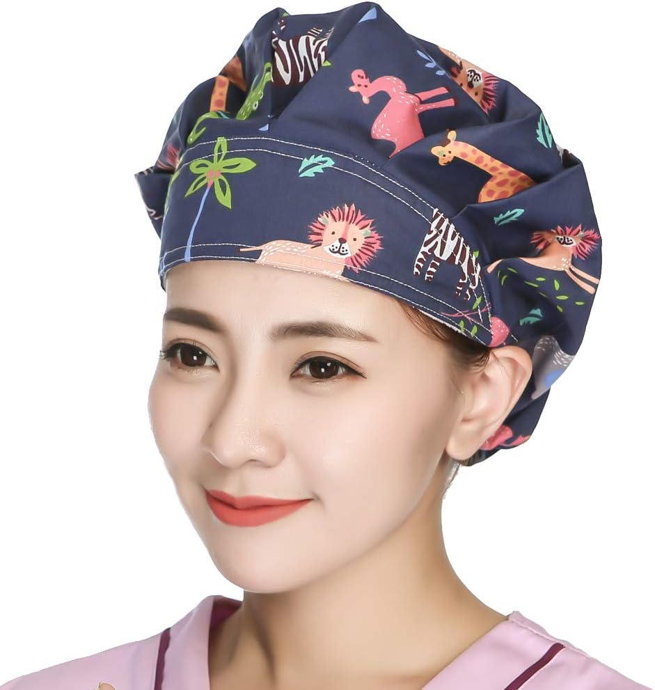 QiaTi Women Scrub Hats with Sweatband Adjustable Cotton Bouffant Cap Doctor Scrub Cap Free Size
