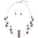 Layered Silver Beaded Necklace for Women Square Crystal Beads Statement Collar Necklace and Earrings Fashion Costumes Jewelry Sets for Women