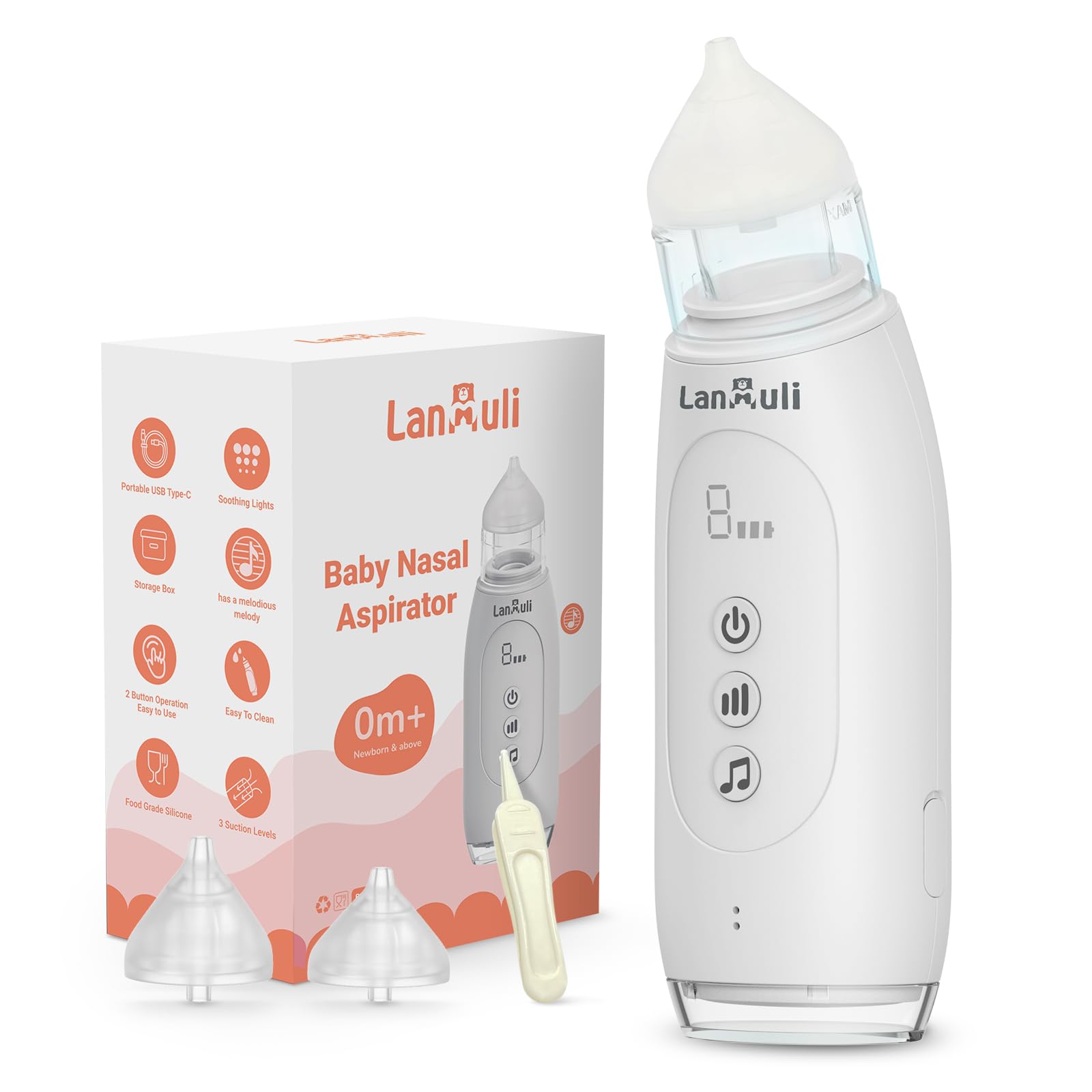 LANMULI Hospital-Grade Nasal Aspirator for Baby, Automatic Toddler Nose Sucker, Infant Snot Cleaner with Adjustable Suction Level, Music and Light Soothing Function (White)