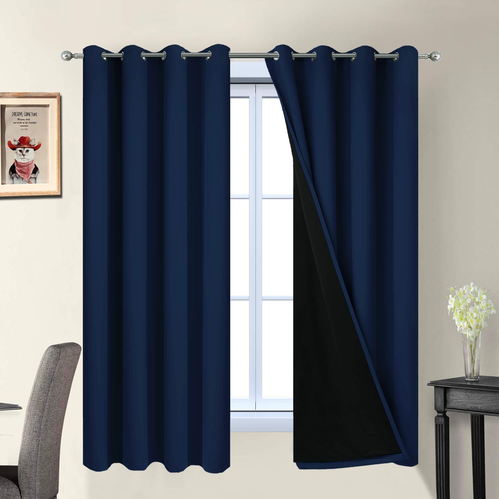 Photo 1 of Yakamok Total Blackout Curtains, 2 Thick Layers Completely Blackout Thermal Insulated Drapes with Black Liner for Bedroom(52Wx63L, Navy Blue, 2 Panels)