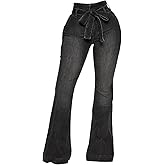 SeNight Women Bell Bottom Jeans Elastic Waist Ripped Flared Jean Destroyed Raw Hem Denim Pants