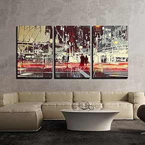 3 Piece Canvas Wall Art - Illustration - Night Scene of Modern City Street,Illustration Painting - Modern Home Art Stretched and Framed Ready to Hang - 16"x24"x3 Panels