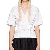 SUNNOW Women's White Wrap Blouse Shirt V-Neck Spread Collar Self Tie Belt Long Sleeve Top
