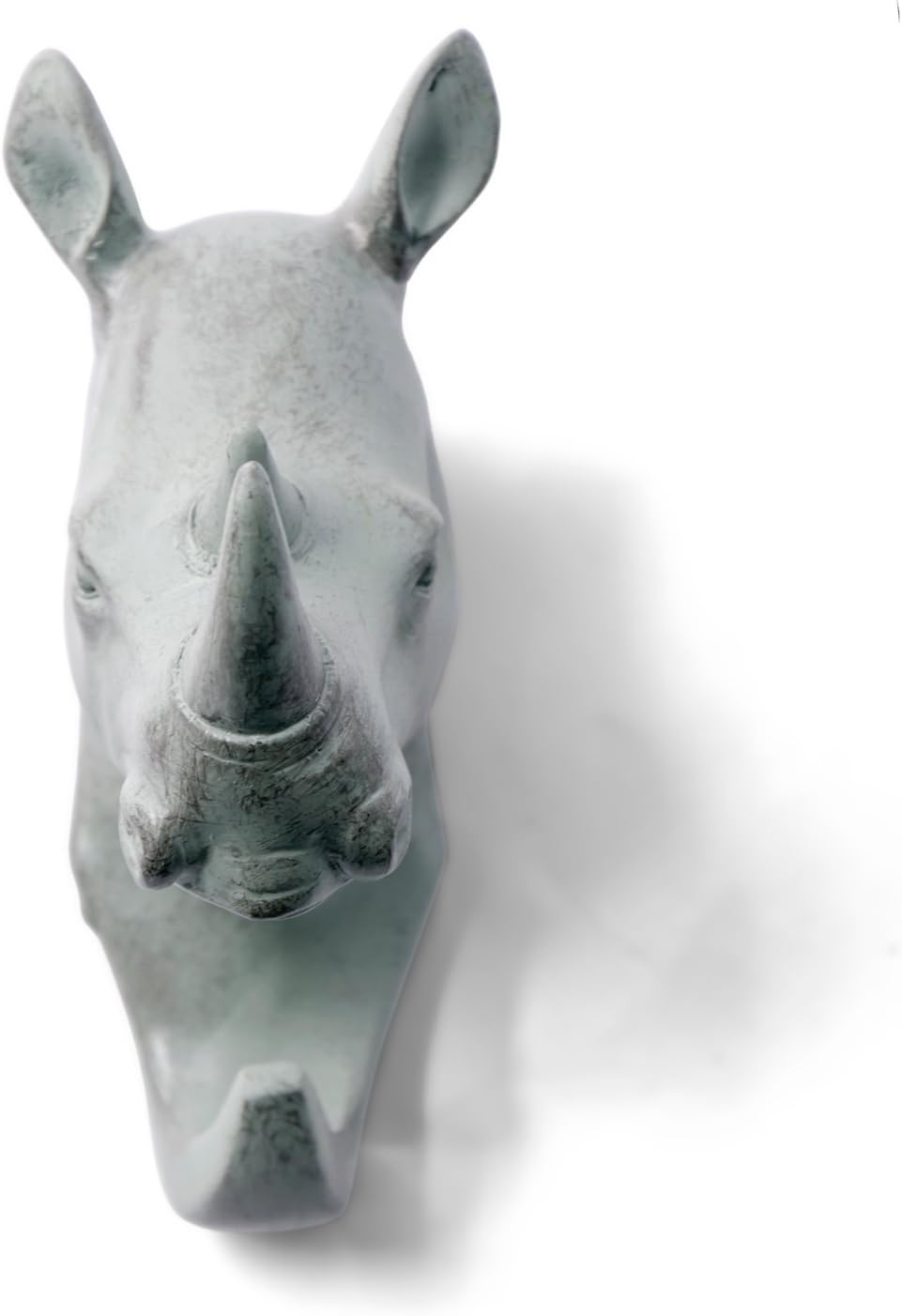HERNGEE Rhino Head Single Wall Hook / Hanger Animal Shaped Coat Hat Hook Heavy Duty, Rustic, Decorative Gift , Grey
