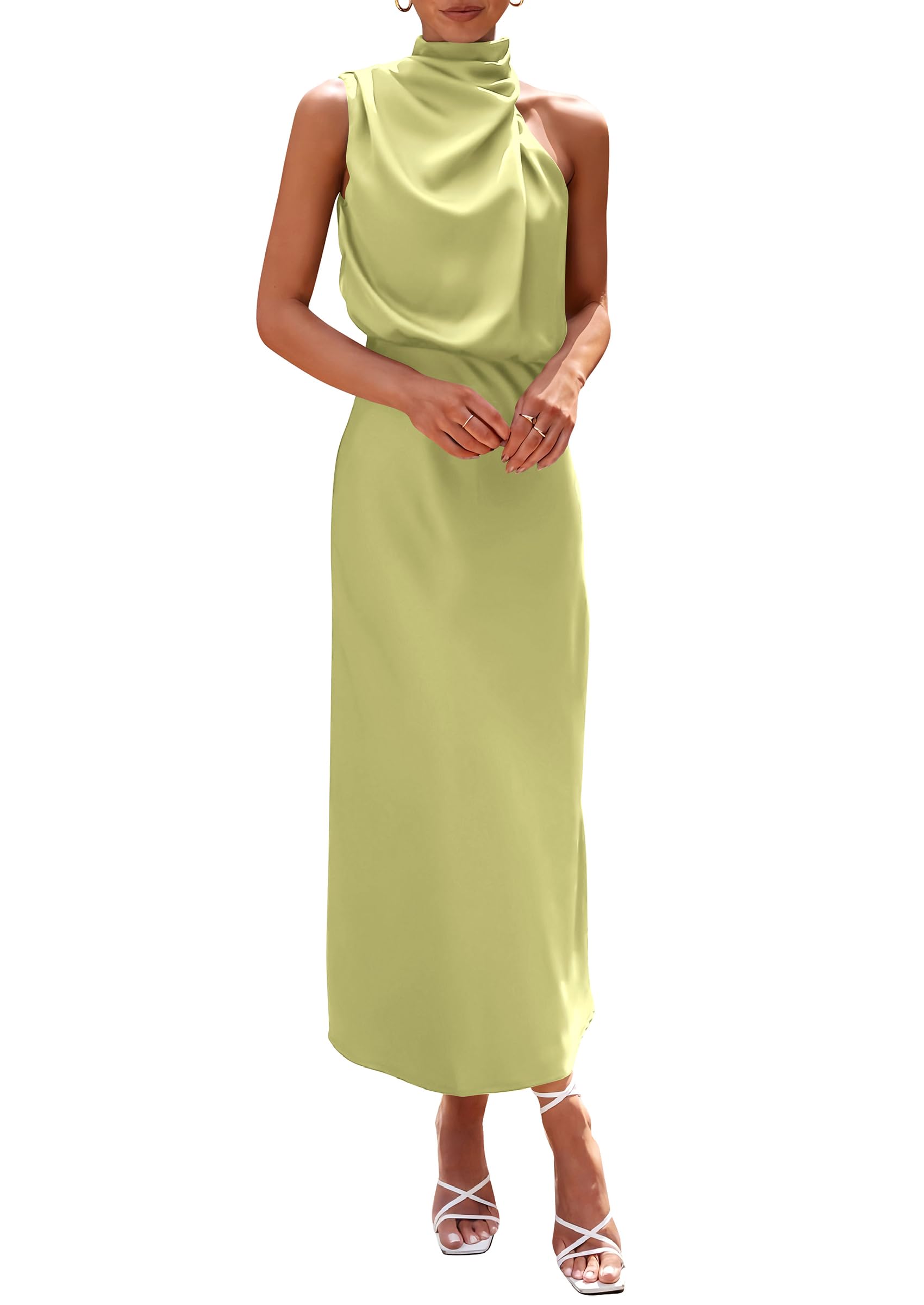 Photo 1 of PRETTYGARDEN Women's 2025 Summer Satin Dress Elegant Sleeveless Mock Neck Cocktail Party Maxi Dresses (Tender Green,Large)