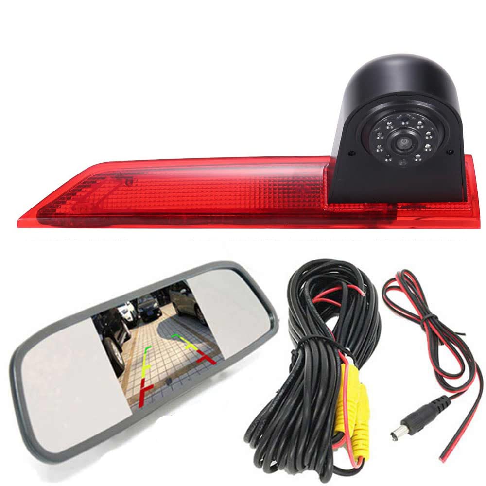 HD Reversing System Brake Light Reversing Camera Van Roof Camera Parking Aid with Angle Adjustable Night Vision Compatible with Ford Transit Custom 2012-2016 (Rear View Camera + Rearview Mirror)