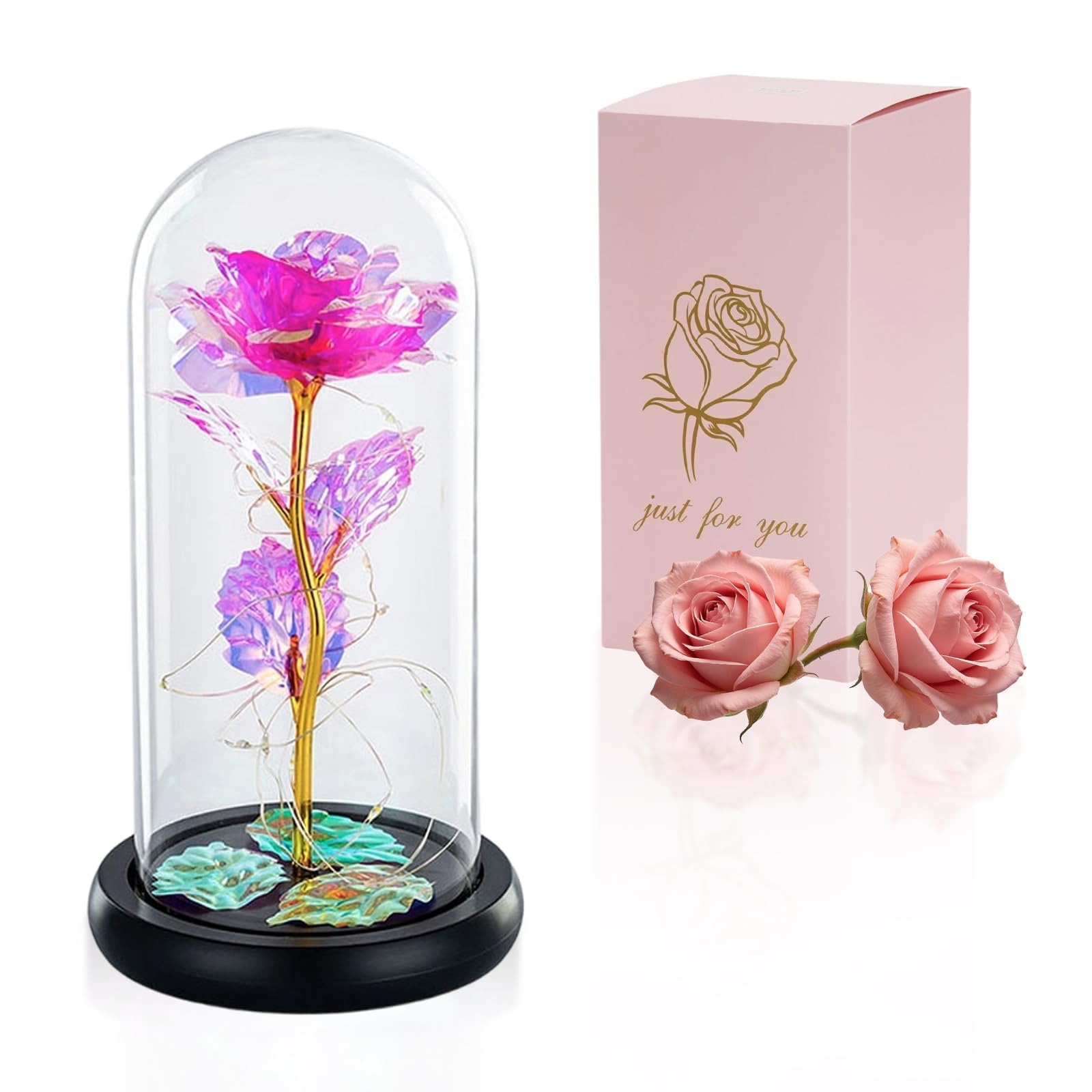 Beauty and the Beast Rose in Glass Dome Forever Rose Flower Kit Enchanted Galaxy Light Gifts for Women Girls Adults Mums on Valentine, Mothers Day Wedding Anniversary Birthday