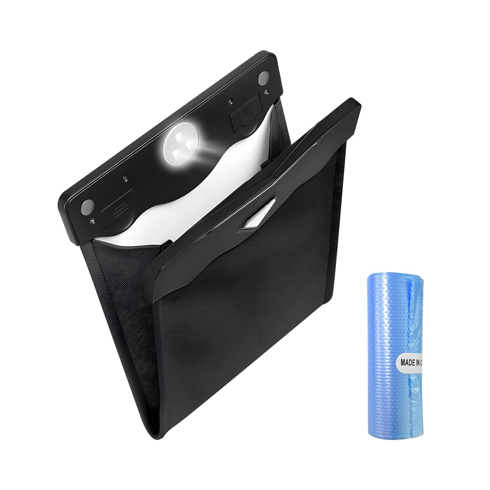 Photo 1 of *Missing Parts*
Yourkar Car Hanging Trash Can, Magnetic Closure LED Light Auto Trash Bag Storage Pocket, Collapsible Waterproof Leather Hanging Trash Can with Disposable Trash Bag, Car Accessories (Black)