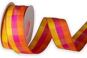 KLTRIBBON Wired Plaid Ribbon Orange Pink Yellow Checks,1-1/2" X 10Meters,for Easter,Spring, Summer, Birthday, Wreath, Birthda