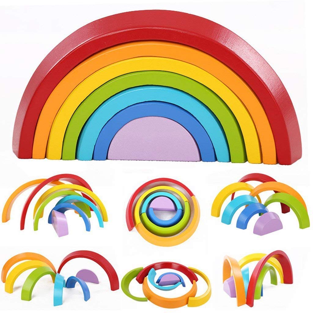 XLKJ 7 Colors Stacking Rainbow Blocks, Wooden Rainbow Nesting Puzzle Toy Stacker for Kids Children
