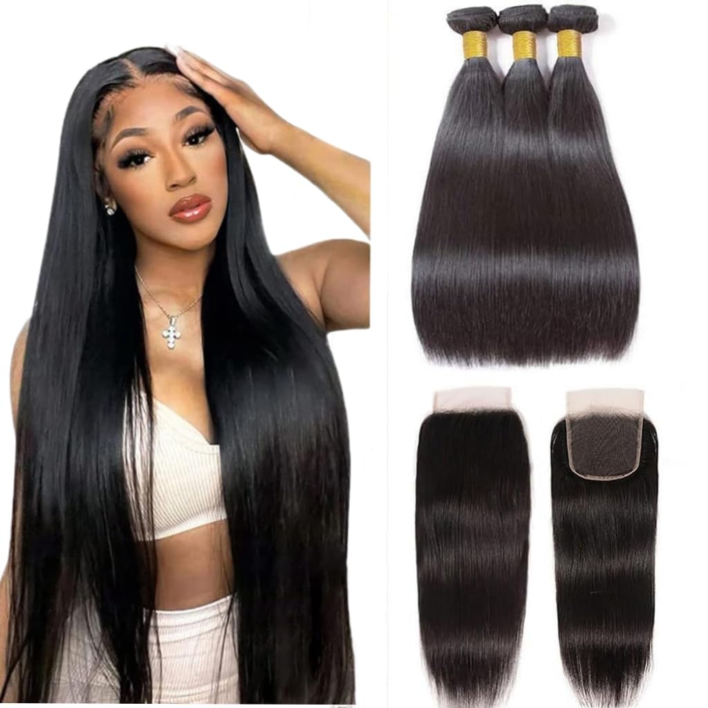 Datanala Straight Human Hair 3 Bundles with Lace Closure Brazilian Virgin 100% Unprocessed Grade 12A Straight Human Hair Bundles with Top Lace Closure Free Part Natural Color (18 20 22+16Inch) โ image 1
