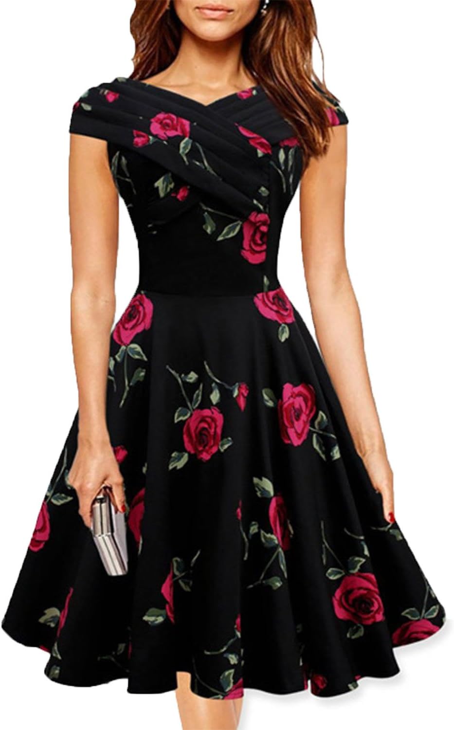 Suvimuga Women 1940S Vintage Floral Print Crisscross Surplice Ruched Swing Ruched A-Line Dress