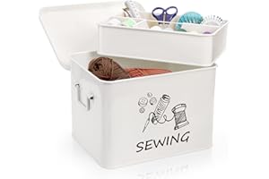 ZOOFOX Sewing Box with Removable Tray, Metal Sewing Box Organizer with Side Handles, Large White Farmhouse Sewing Basket for 