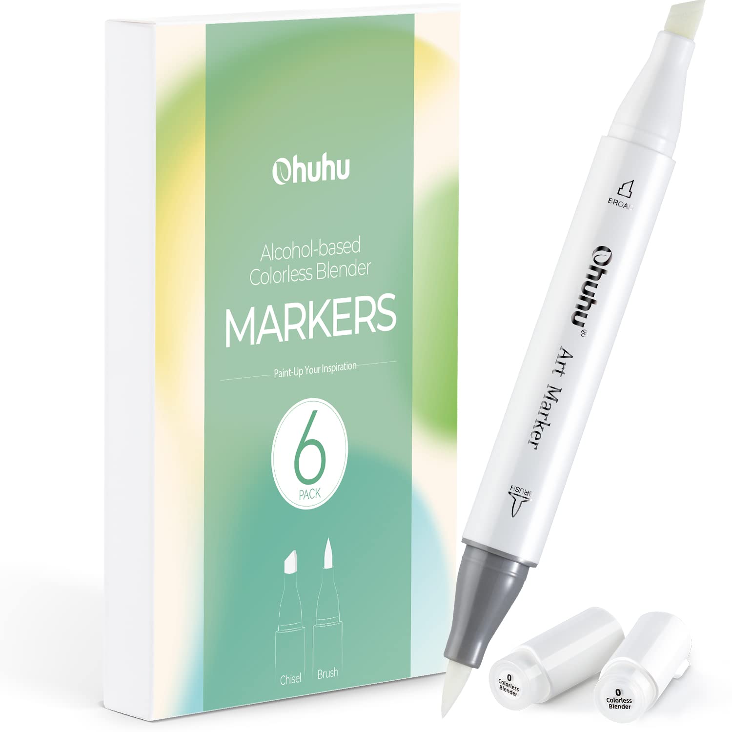 Ohuhu Alcohol Markers - Colorless Blenders, Pack of 6, No.0 Blender Brush Pens for Easy Blending and Layering