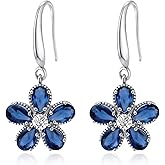 Elaximn 925 Sterling Silver Blue Sapphire Flower Earrings for Women, Hypoallergenic Birthstone Drop Dangle Jewelry Blue Floral Earrings for Women Gifts