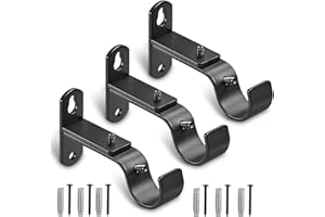 AMZSEVEN Adjustable Curtain Rod Brackets, Metal Window Drapery Rod Hanger Holders Hooks for 1 inch Rods (Black, Set of 3)