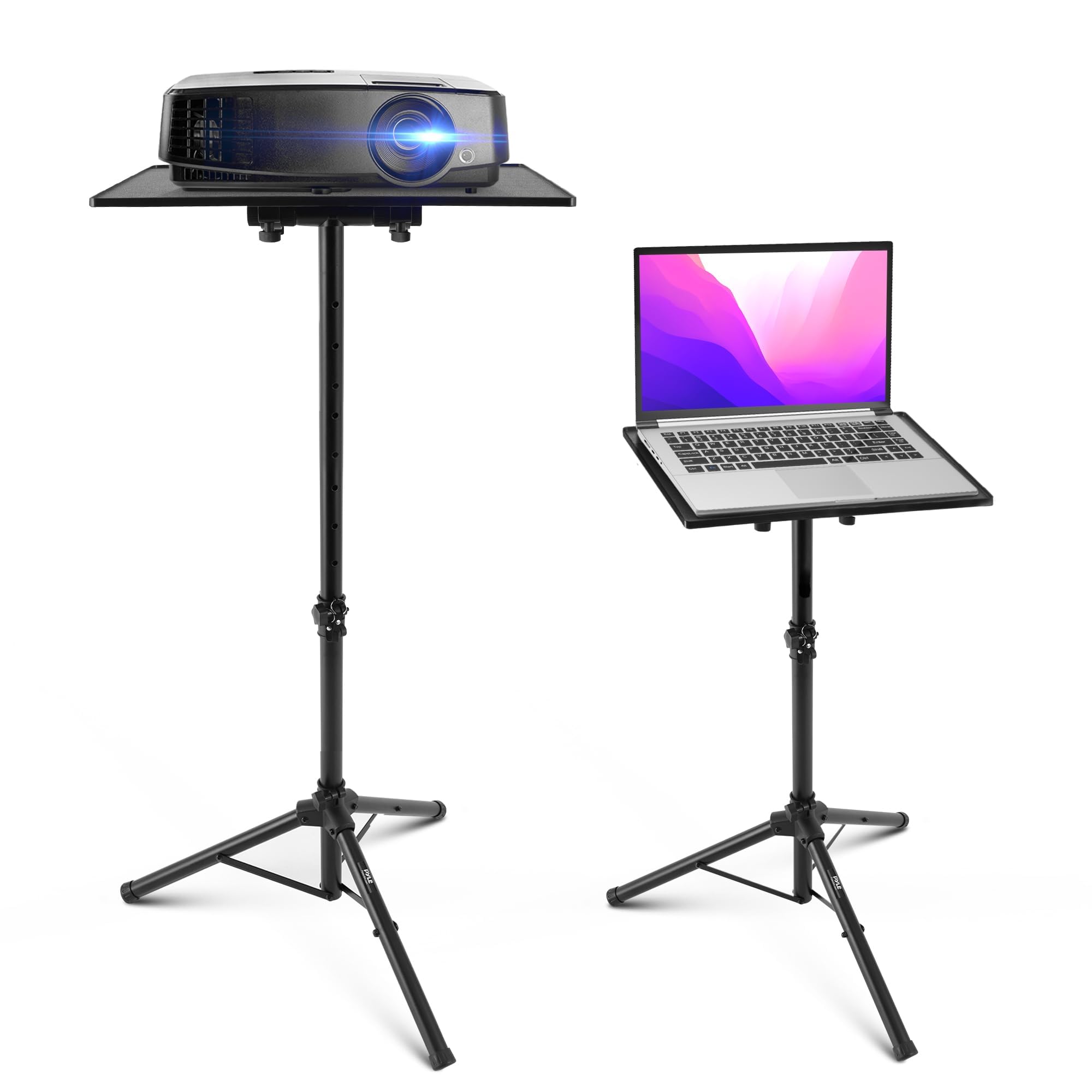 PYLE Soporte para computadora portátil y proyector, trípode con altura ajustable de 28 a 50 pulgadas, soporte para equipo de DJ portátil, bandeja ajustable en ángulo, construcción de metal liviano, escenario, estudio, músicos e intérpretes