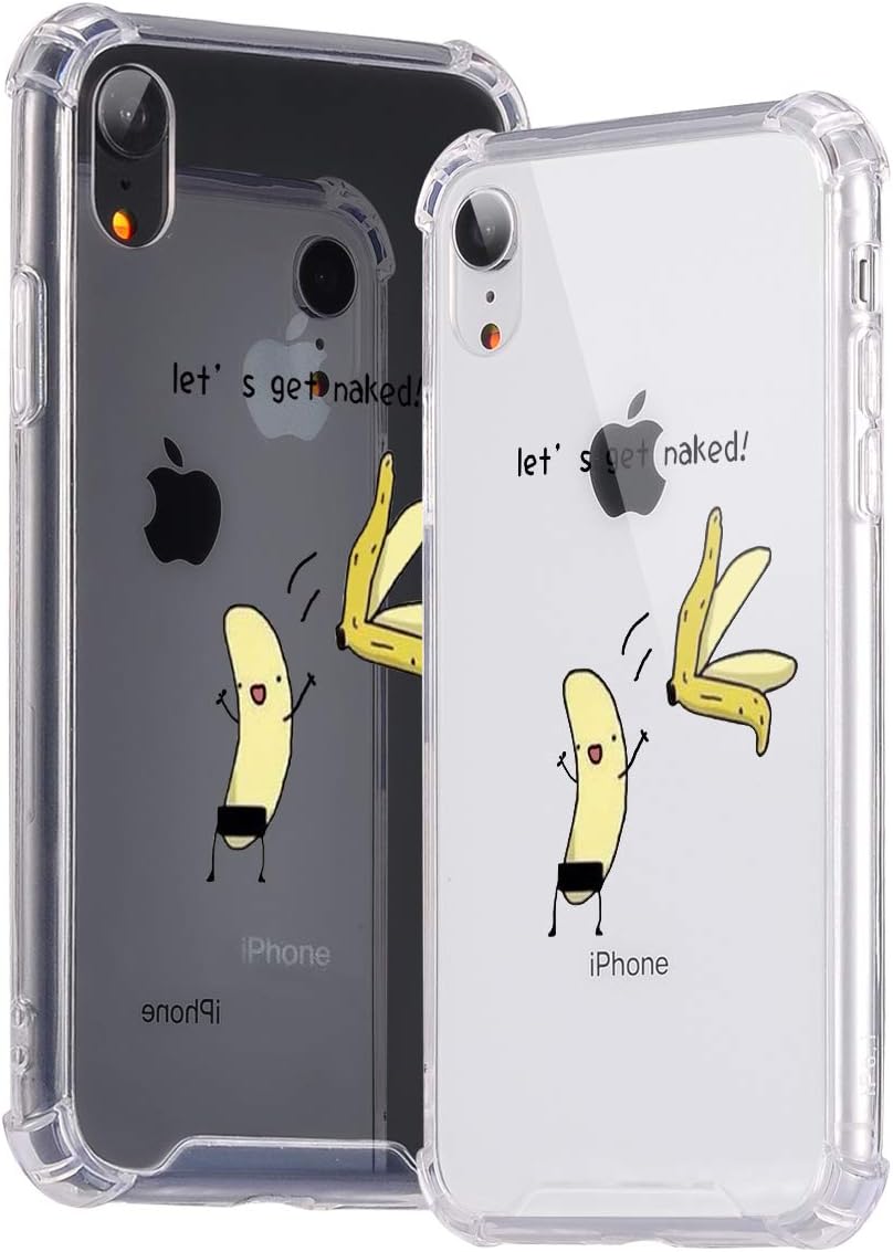 idocolors Clear Phone Case for iPhone XR Shockproof Hard Plastic Back + TPU Soft Bumper with Air Cushion Protective Cute Banana Cover with Quote Slim Kawaii Cartoon Fruit Phonecase