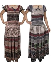 Wholesale Lot Of 2 Womens Peasant Sundress Off Shoulder Smocked Waist PRINTED LOVE Summer Maxi Dress