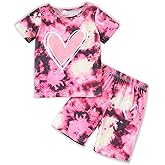 Kids Girl Clothes Tie Dye Heart Print Short Sleeve Top and Shorts Toddler Girl Summer Outfits Short Set