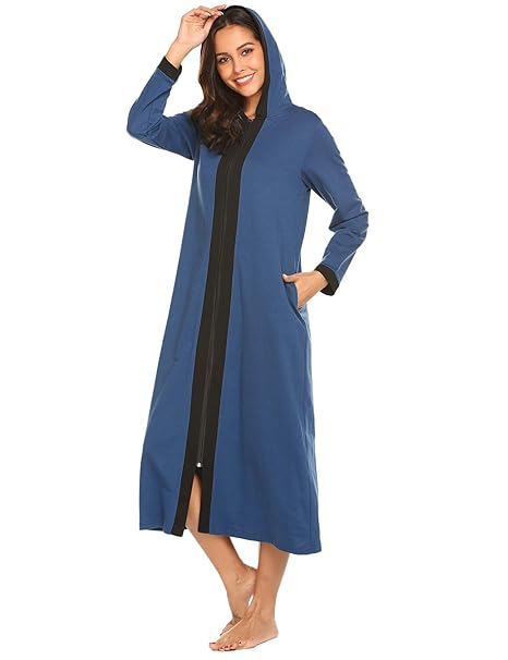 Damen Bademantel Langarm Morgenmantel Kapuze Robe Pyjama Reißverschluss Bodenlang Frauen Nachthemd Schwangere hauskleid maxkl