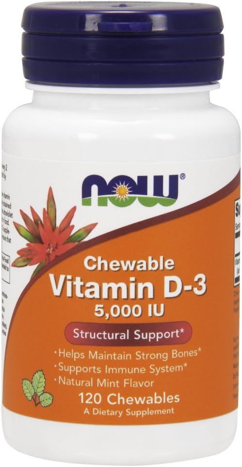 NOW Supplements, Vitamin D-3 5,000 IU, Natural Mint Flavor, Structural Support*, 120 Chewables: Health & Personal Care