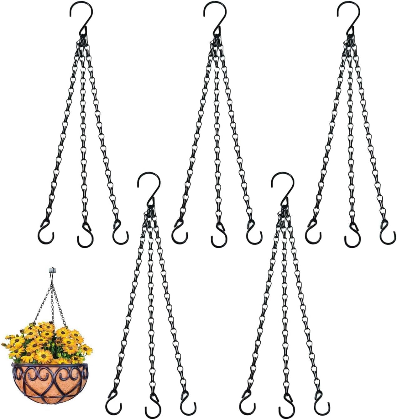 L0famy 5 Pcs Hang Basket Chain 3-Point Heavy Duty Flower Hanging Basket for Plants, Replacement Chain for Bird Feeders and Planters (Black)