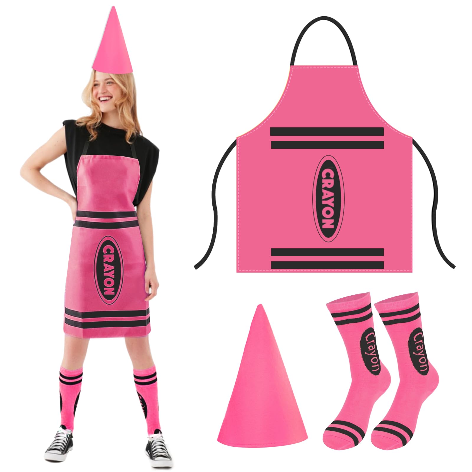 Crayon Costume Adult 3Pcs,Colorful Crayon Fancy Dress Include Crayon Apron, Funny Cone Hat And Striped Socks,Unisex World Book Day Costumes,Halloween Party Christmas Group Cosplay Outfits (Pink)