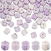 PONABEADIY 1 Box 2 Strands 90PCS Tulip Flower Beads with Hole Synthetic Coral 3D Purple White Dyed Carved Stone Bell Floral Spacer Bead for Jewelry Making Beading Bracelet Valentines Diy Crafts Supply