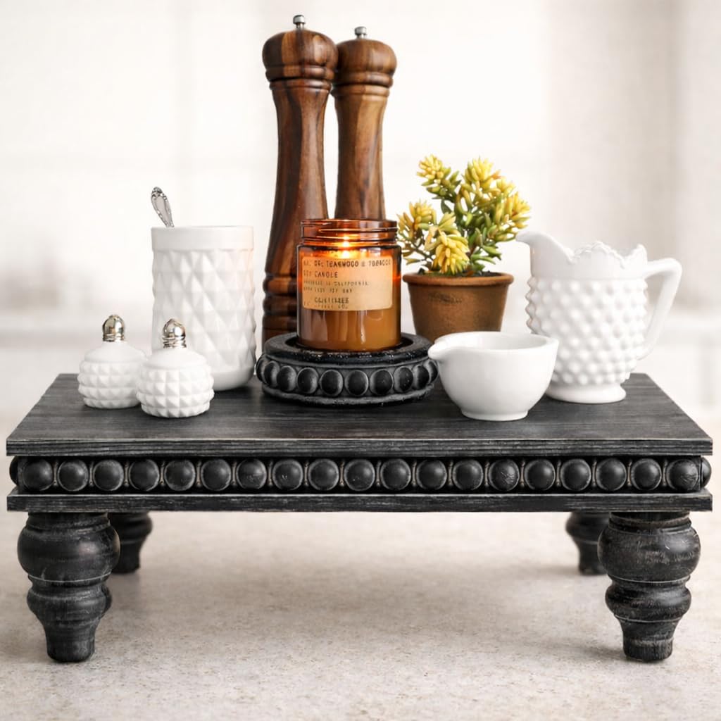 Photo 1 of Felt Creative Home Goods Decorative Wood Risers for Decor | Tiered Tray Stand | Farmhouse Beaded Riser Stand for Decor | Wooden Pedestal Stand Large 12x16 Beaded Tray for Kitchen Coffee Bar (Black)