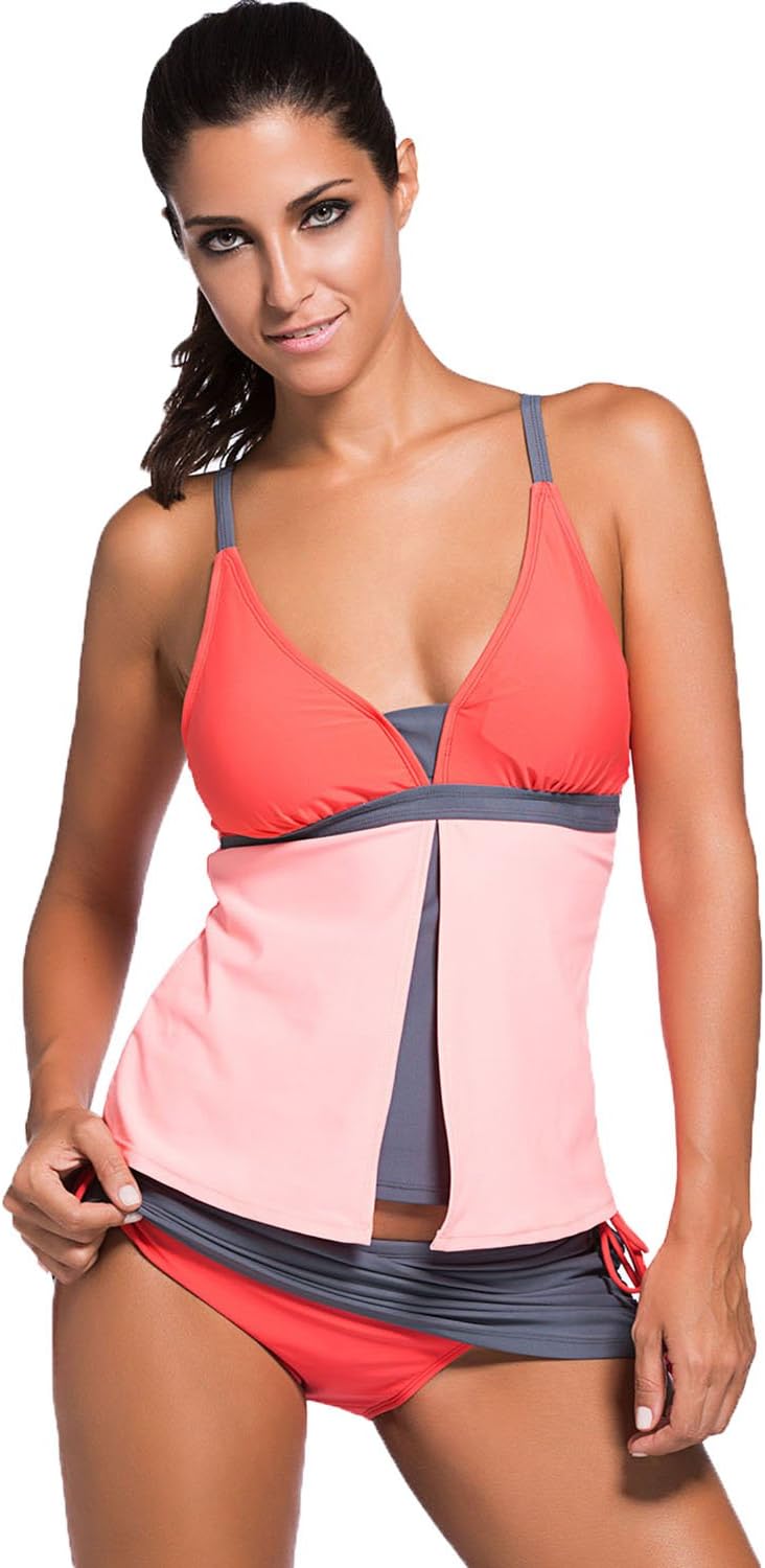 Womens Summer Colorblock Tankini Top and Bottom Set Swimsuit