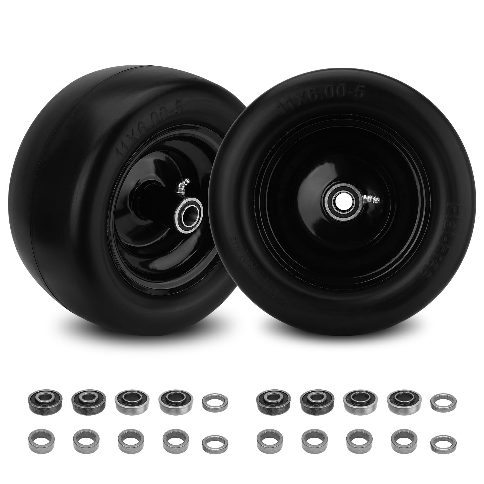 Photo 1 of 2PCS 11x6.00-5 Flat Free Tire and Wheel with 1/2" & 3/4" & 5/8" Precision Bearings and 5.8"-10.4" Centered Hub, Black Front Zero-Turn Smooth Tire Replacement for Riding Lawn Mowers Garden Tractor